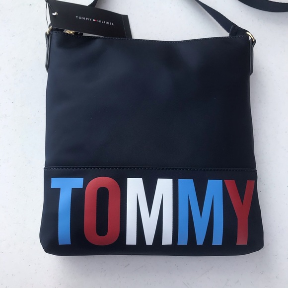 Tommy Hilfiger Spell Out Large Logo Blue Nylon Crossbody Waterproof NEW with Tag - Picture 1 of 5